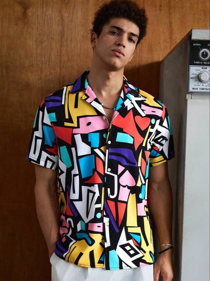 Uptown Funky Men Geo Print Colorblock Shirt
